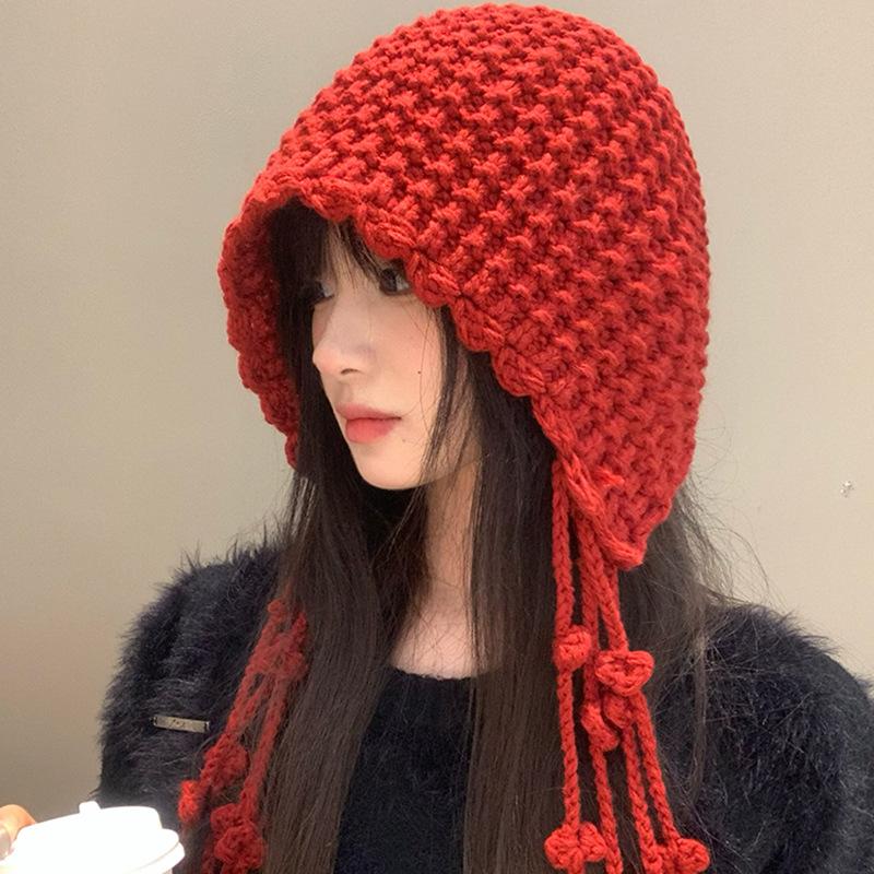 West Sichuan Tourism Tassel Ball Red Knitted Baotou Hat Women's Autumn and Winter Warm Ear Protection Face Small Wool Hat