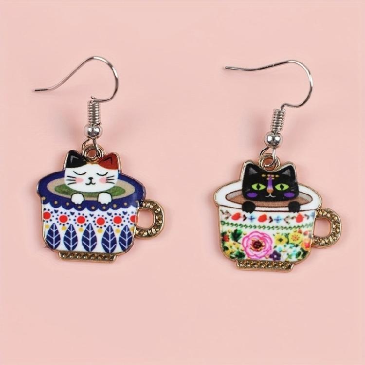 Cup Cats Earrings Animal Shaped Dangle Ear Drops Stylish Ear Rings Jewelry Elegant Ear Accessories for Parties Wear