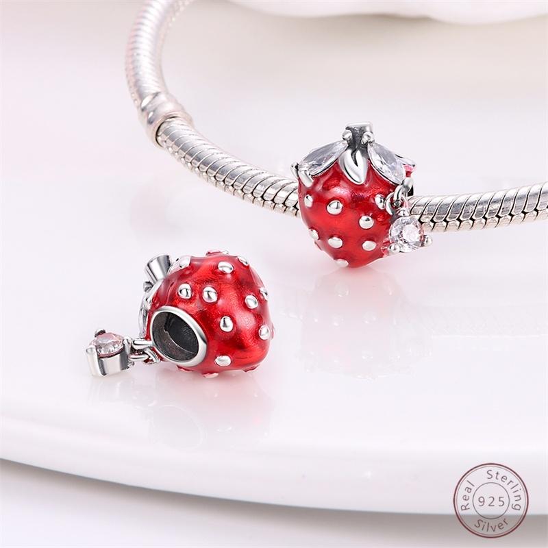 Copper Beaded Pendant Red Shiny Zircon Fruit Strawberry Cherry For Original 3Mm Bracelet Women Fine Jewelry