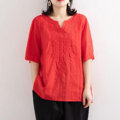 Women Tops V-Neck Short Sleeve Embroidery Flower Pattern Pullover Tops Solid Color Loose Fit