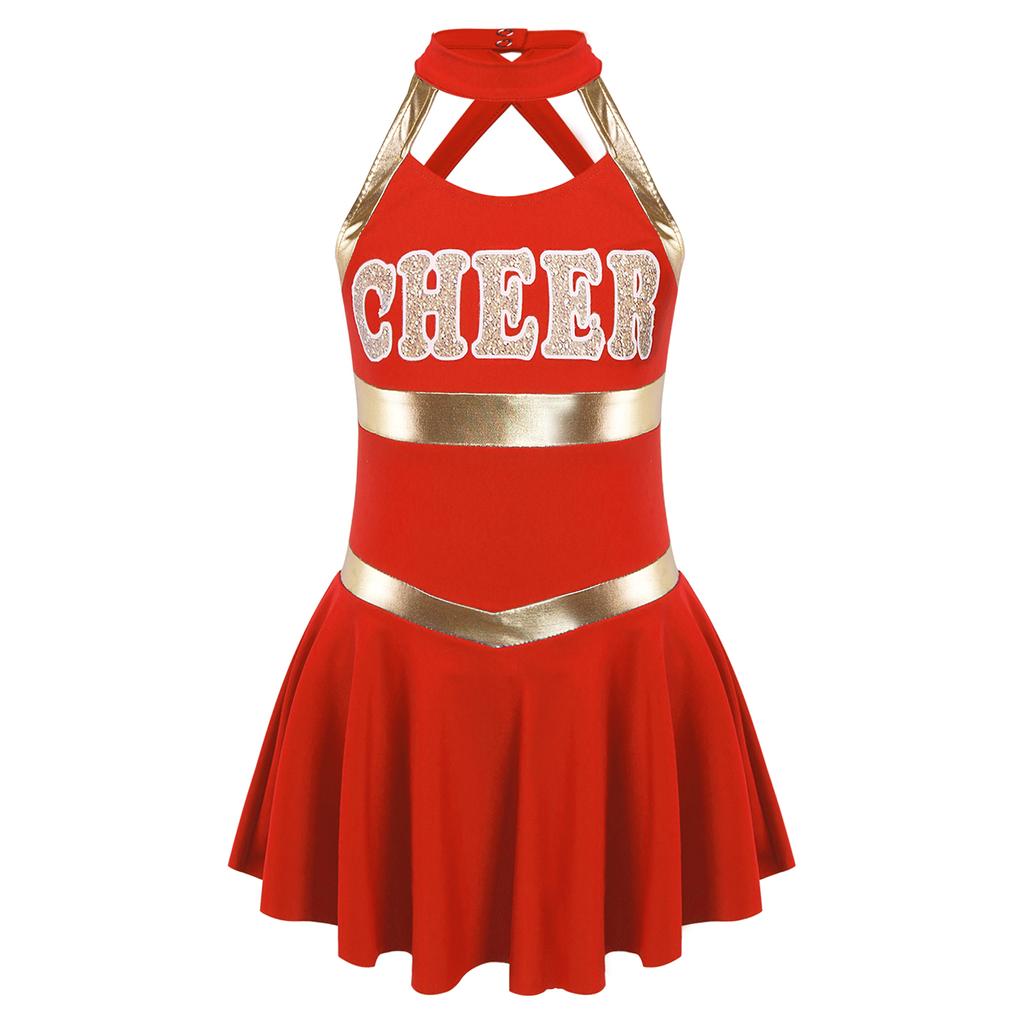 Girls Sleeveless Round Collar Letter Print Crisscross Straps Hollow Back Cheerleading Dance Dress