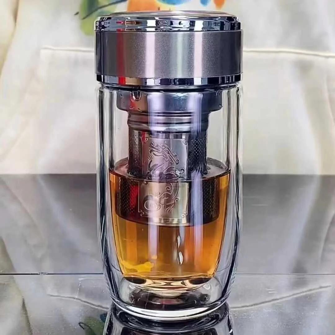

Thi Double Layered Glass Cup Portable Large Capaci Tea Brewing Water Separation Cup for Men And Women Chinese Sle round... 300ml чорний