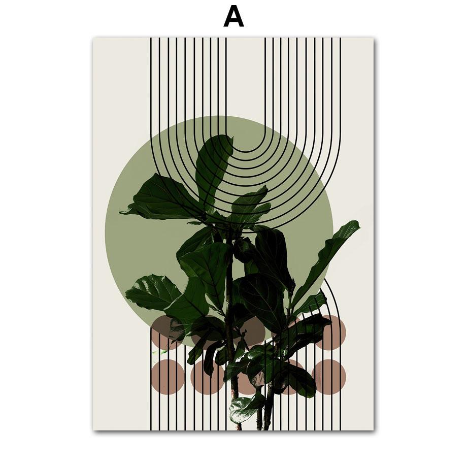 Modern Abstract Green Plants Poster, Wall Art, Boho Canvas Painting, Prints, Pictures for Living Room Decor, Vase, Sun Lines