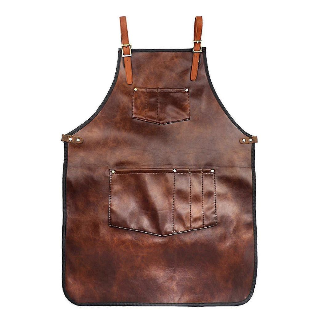 Chef Apron For Men Women Waterproof Leather Apron With Pockets Cross-back Straps For Kitchen Bbq Cooking Barber Barista Apron Handworking