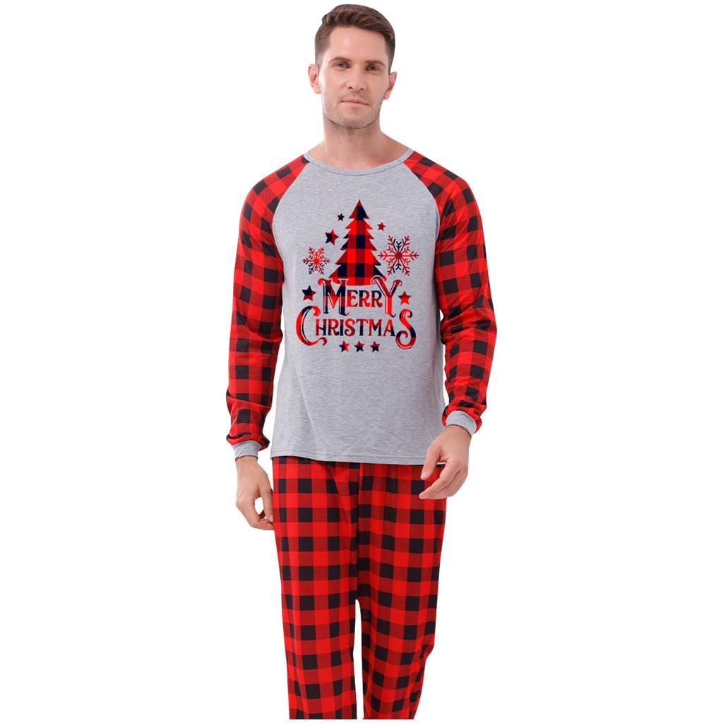 Men  Christmas Deer Plaid Prints Family Matching Long Sleeve Tops+Pants Set