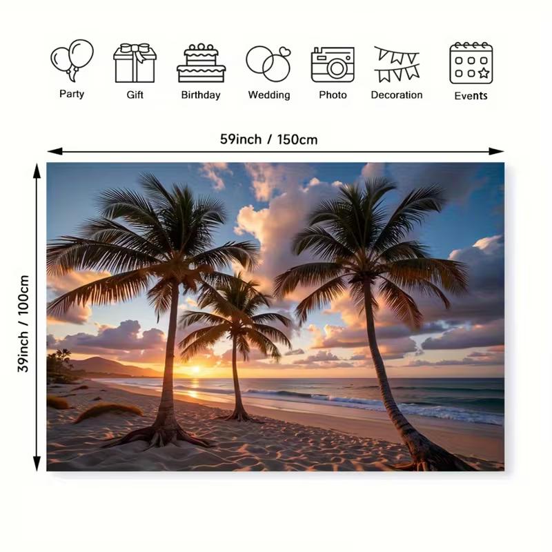2D Aesthetic Palm Tree Tapestry, Tropical Beach Sunset Wall Art