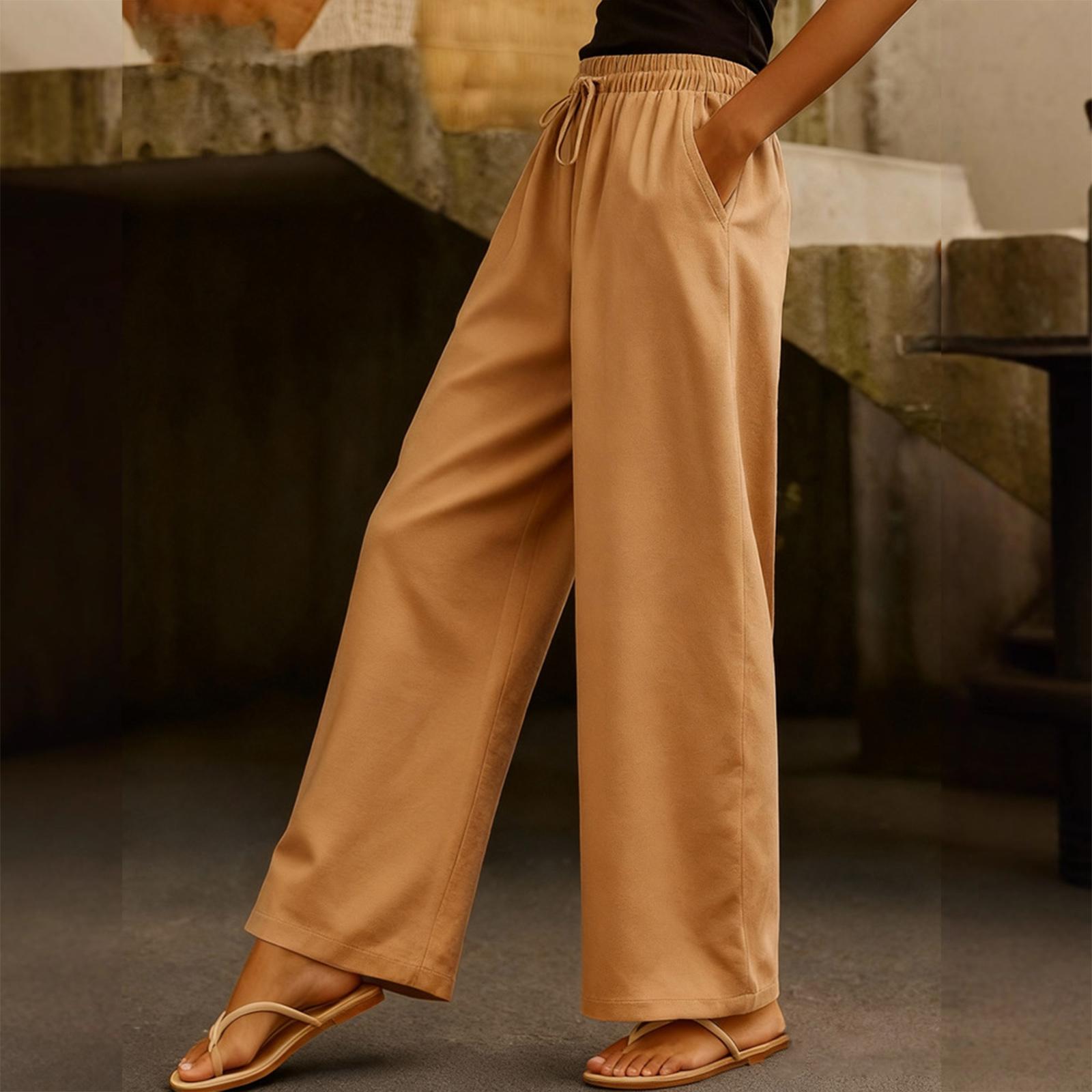 

Women s Fashionable Solid Color Elastic Waist Pocket Drawstring Straight Leg Casual Pants XL