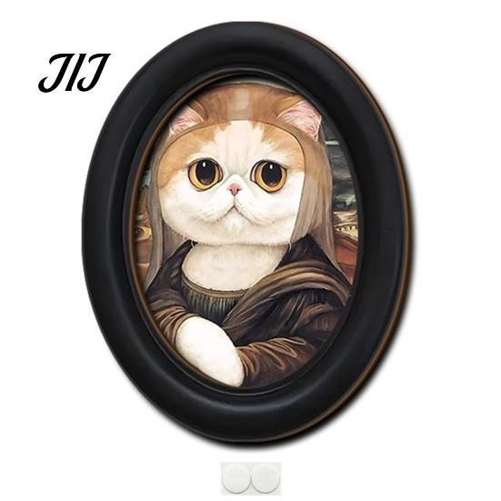 Decorative Wall Accents for Living Room Abstract Art Cat Decor, Oval 2D Wood Framed Funny Painting Unique Prints Print, Vintage Ornament Bedroom Home