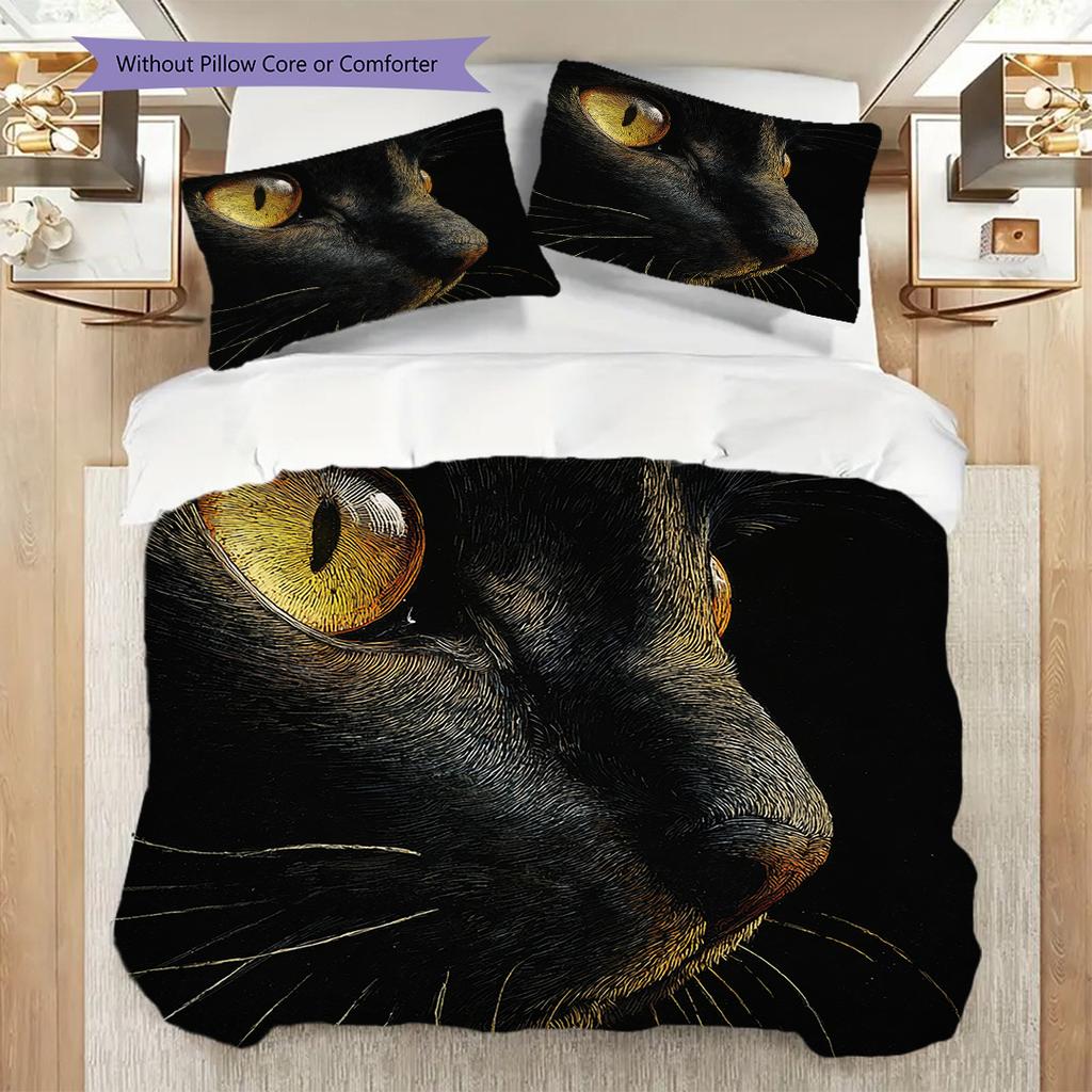 Black Cat Pattern Bedding Quilt Set Quilt Cover Pillowcase Home Decoration Birthday Gift (1 * Duvet Cover + 2 * Pillowcase, Without Core)