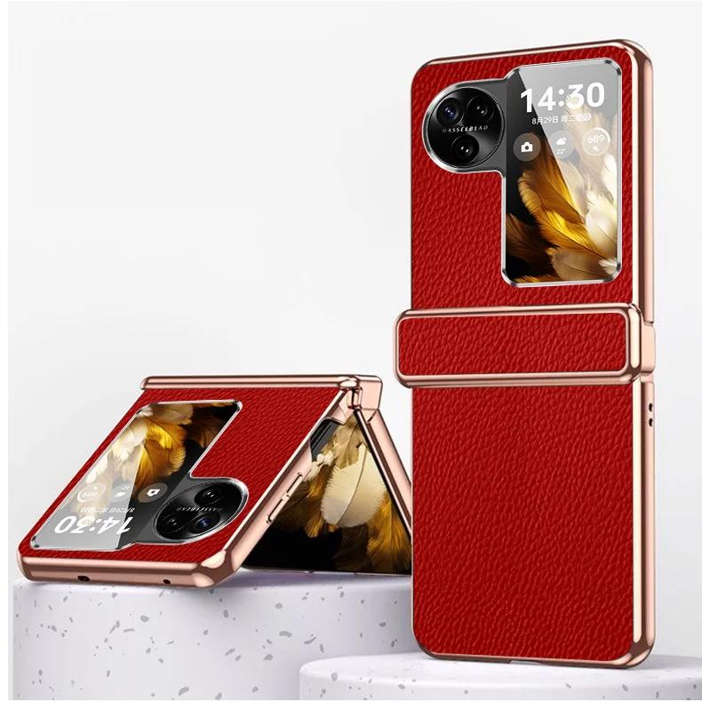 Carcasă de telefon din piele PU cu model litchi cu ramă galvanizată aurie și argintie pentru pentru OPPO Find N2 N3 Flip Husă de protecție pentru balamaua telefonului