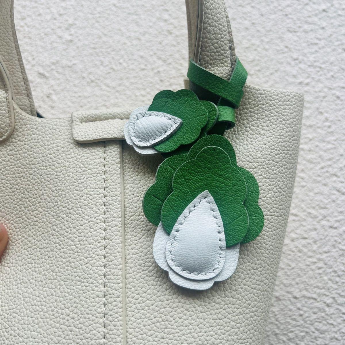 

Cute genuine leather keychain in the shape of a cabbage, handmade leather accessory