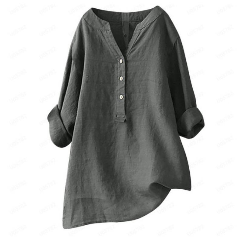 Camicia da donna taglie forti Camicetta estiva a rete ampia Tasche in camicetta di lino in cotone