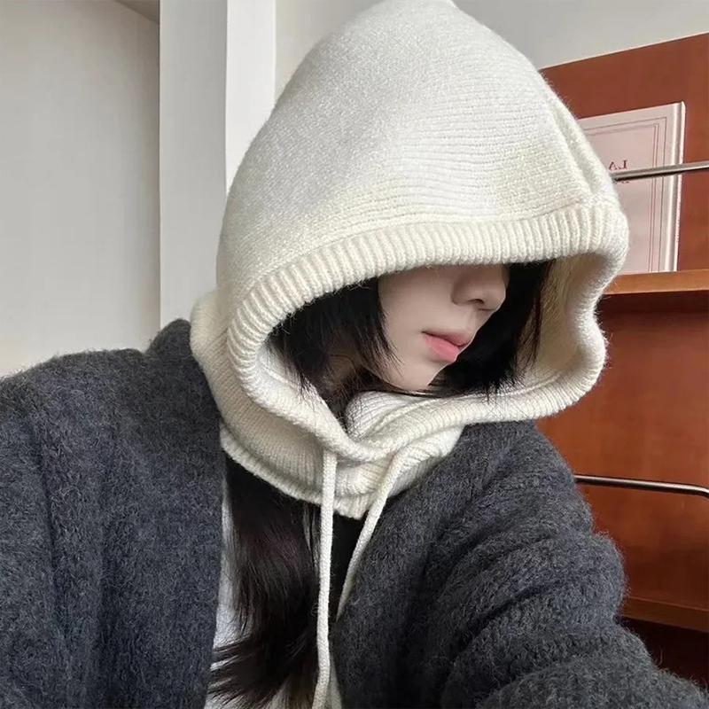 Women Korean Style Outdoor Warmer Drawstring Hats One Piece Neck Collar Beanies Cap Knitted Hooded Caps Winter Balaclava Hats