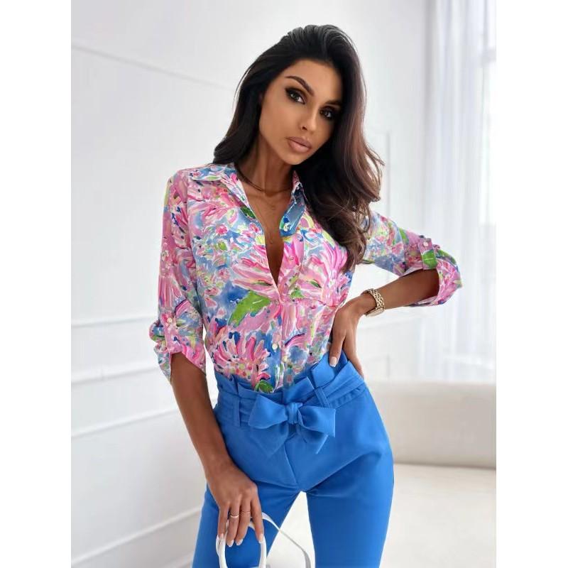 Tooxika New Women's Long-sleeved Tops With Printed Multi-color Lapel Shirts