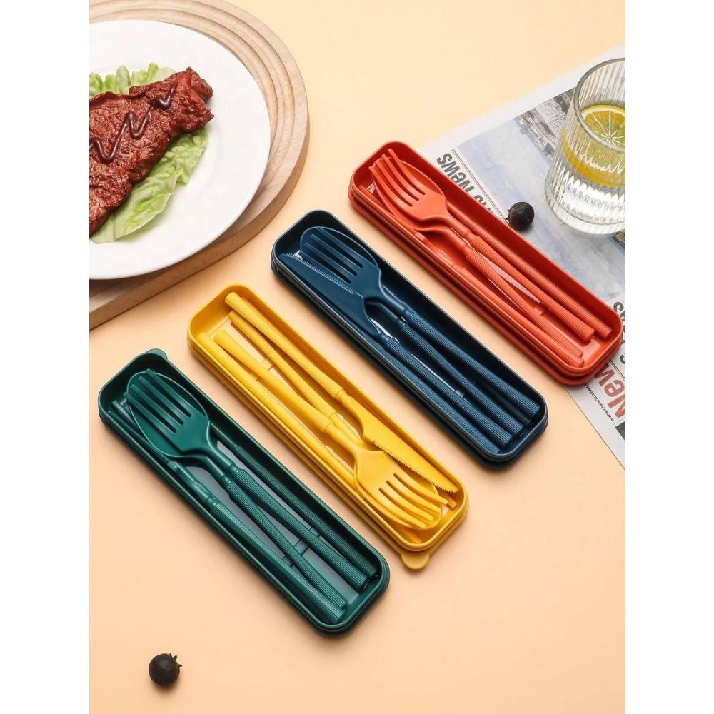 1pcs Knife, fork, spoon and chopsticks plastic tableware set, reusable, suitable for picnics, camping, and student supplies