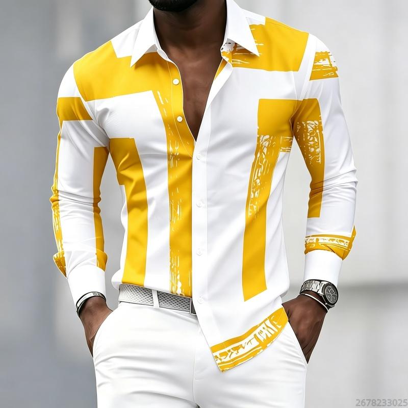 Men's Black and White Geometric Coarse Stripe Printed Long Sleeved Lapel Shirt, Retro Slim Fit Shirt, Trendy Casual Men's Top