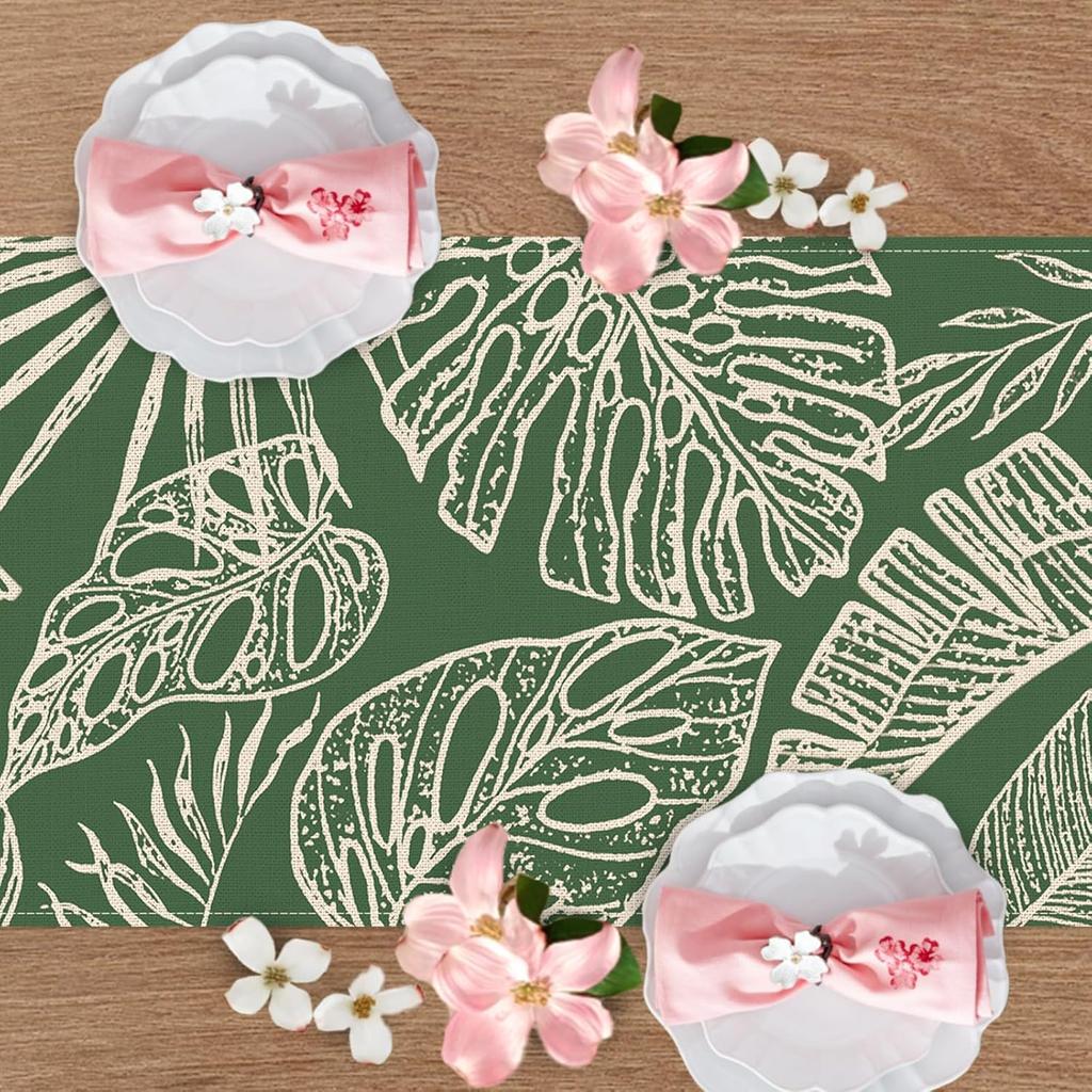 Spring Summer Tropical Plant Table Runner, Green Palm Leaves Monstera Kitchen Dining Table Decoration, Seasonal Botanical Burlap Indoor Outdoor Home