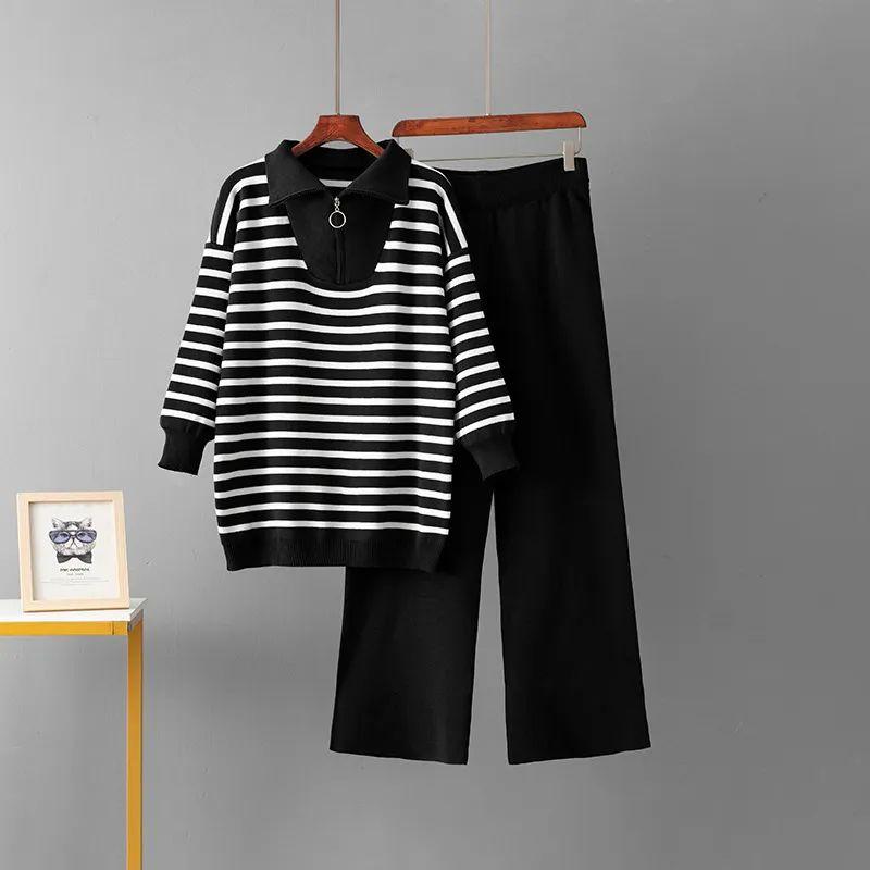 Polo Collar Striped sweater Set Women Autumn and Winter Foreign Trade Loose European and American Fashion Leisure Knit two piece Temu