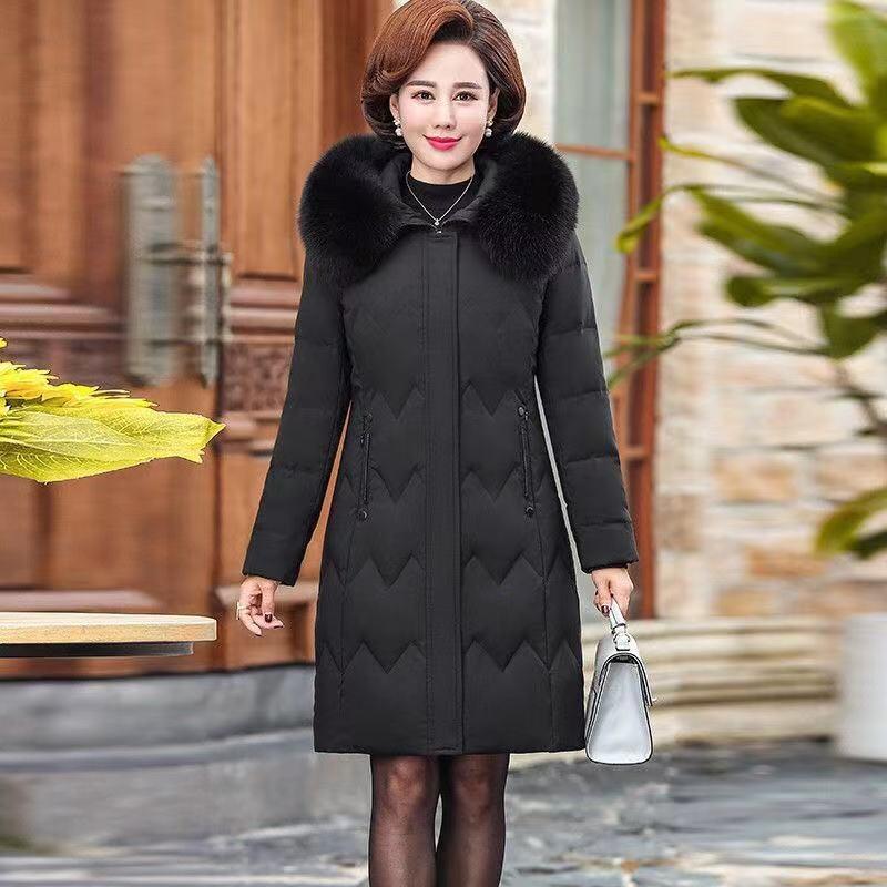

Женский пуховик, Женская приталенная одежда для мамы, Женский пуховик средней длины с белым утиным пухом L чёрный
