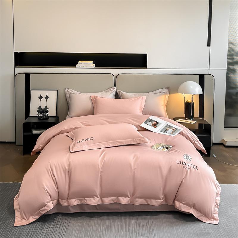 Embroidery Pure Cotton Four-piece Quilt Cover Solid Color Bed Sheet Light Luxury Style Bedding