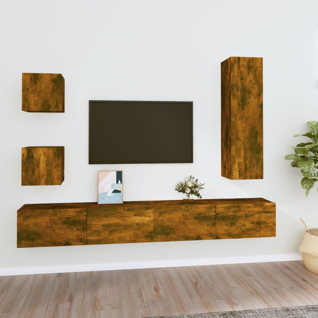 5 piece TV cabinet set smoked oak effect engineered wood