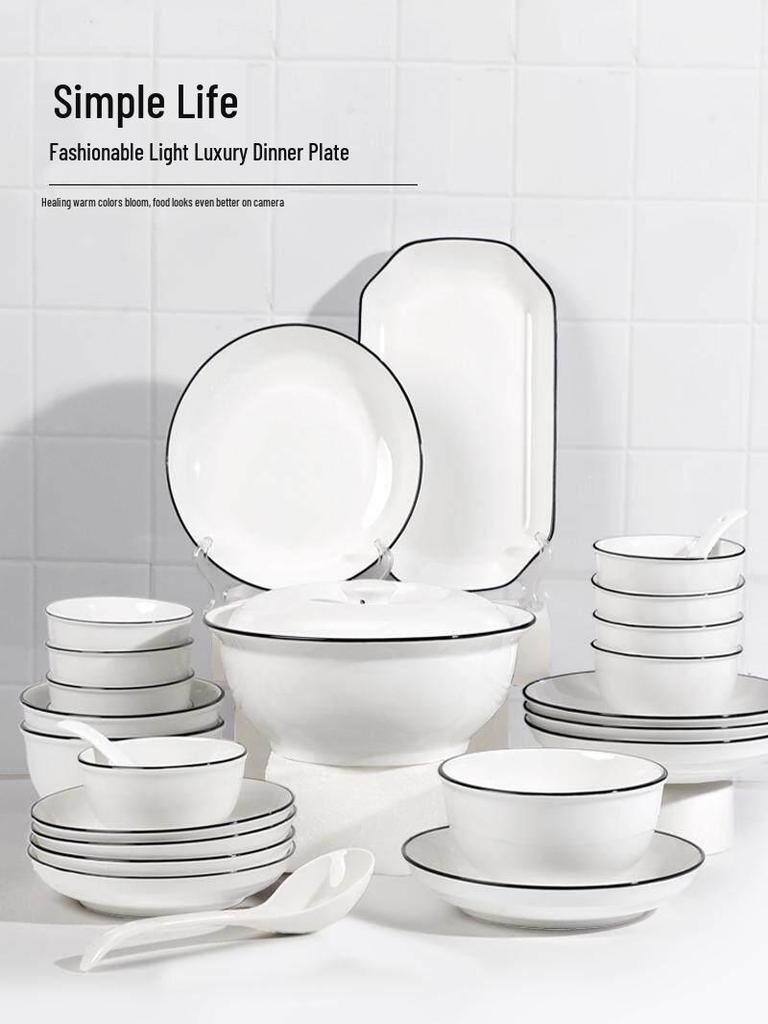 Ensemble de vaisselle minimaliste nordique sous glaçure: Assiettes à Bordure Noire, Bols à Riz, Grands Bols à Soupe