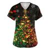 Women's V-neck Christmas printed short-sleeved pocket side-slit protective suit top