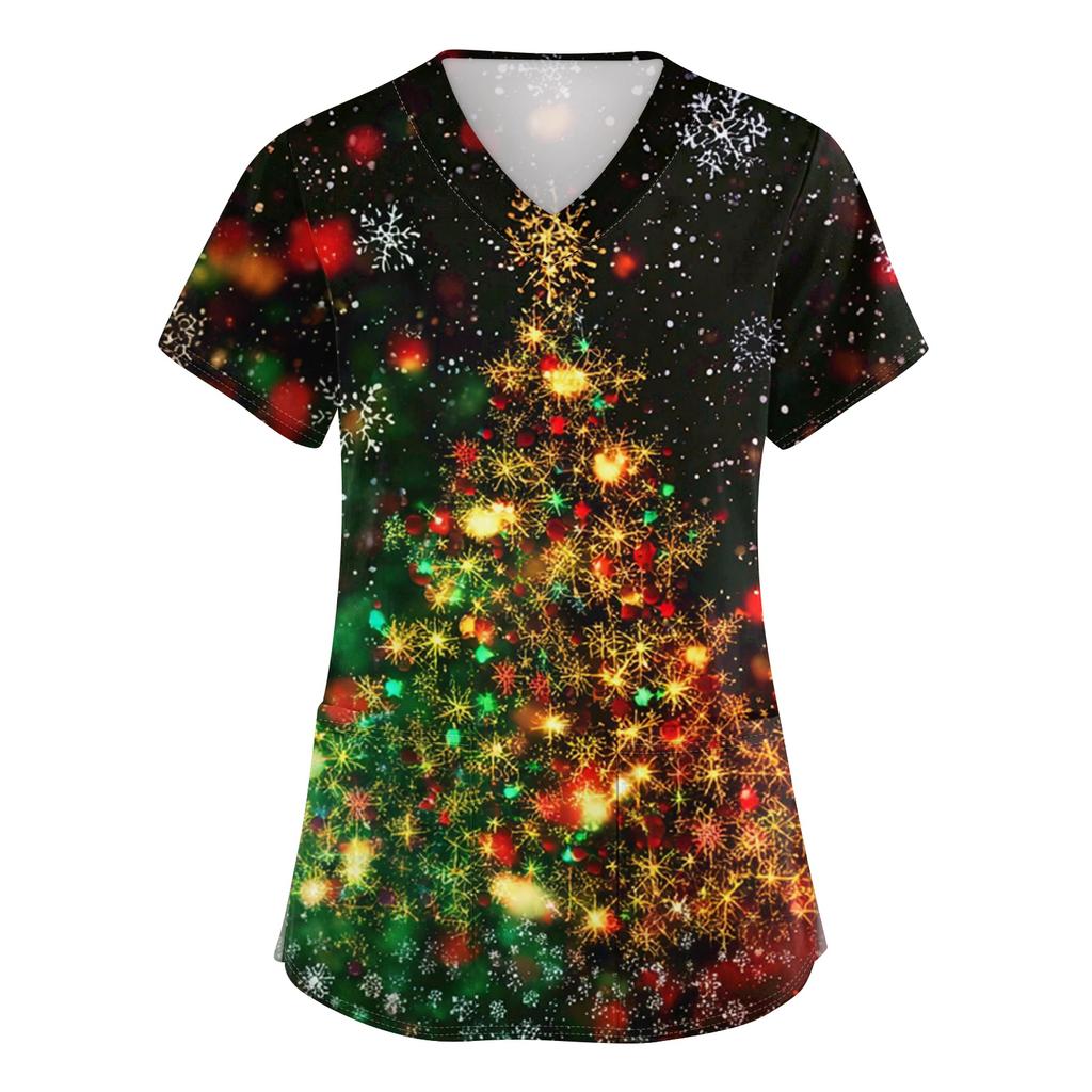 Women's V-neck Christmas printed short-sleeved pocket side-slit protective suit top