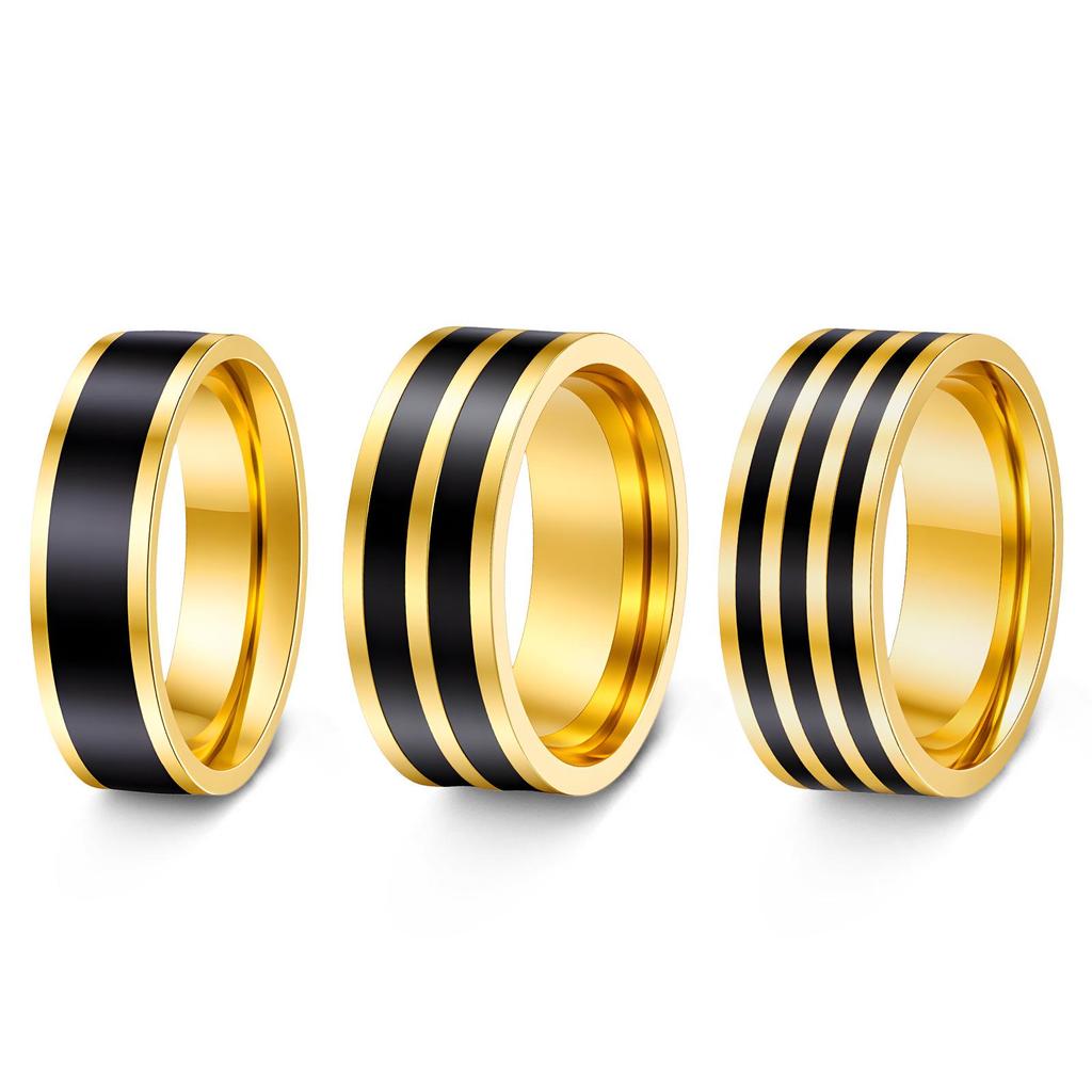 Japanese Korean INS Style Black Stripe Stainless Steel Couple Ring Set