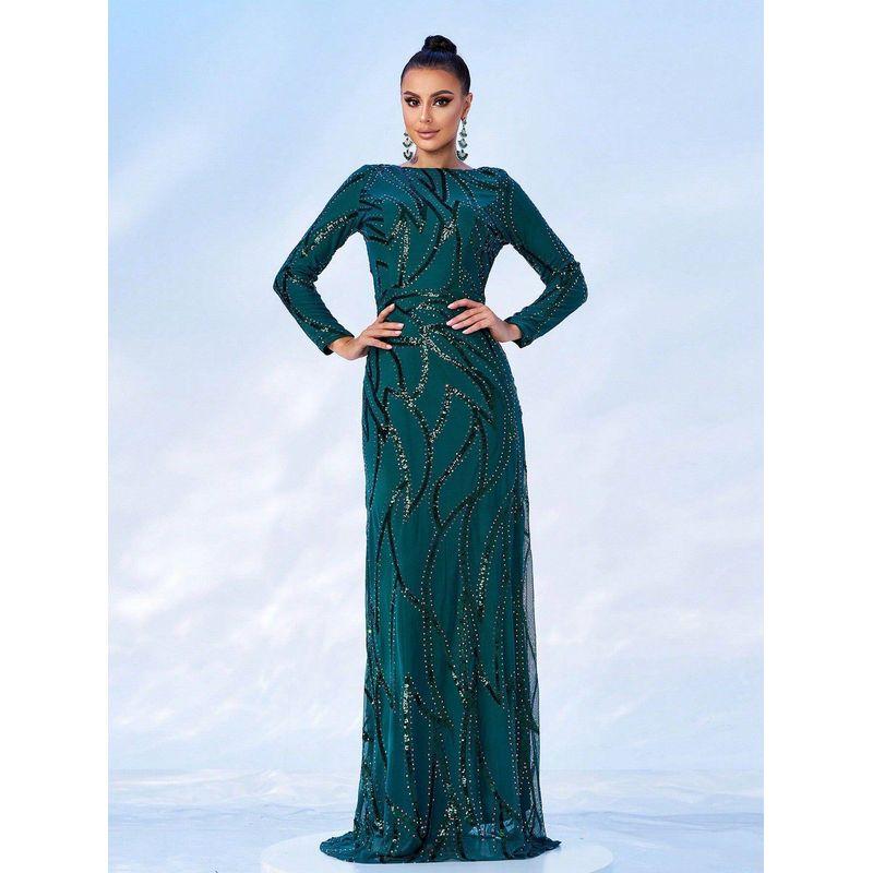 Foreign Trade Long Dress, European and American High-End Long-Sleeved Sexy Long Sequined Evening Gown, Bridesmaid Dress, Dress