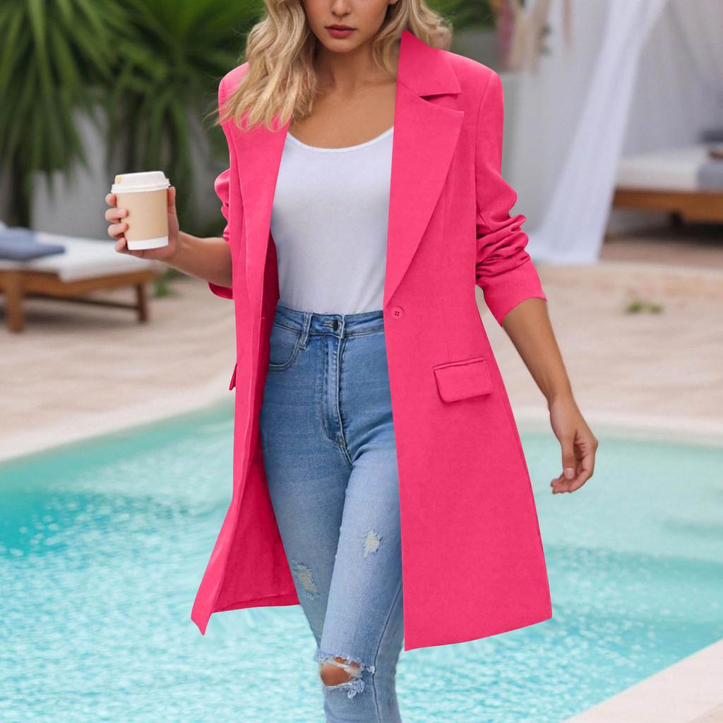 Women's Fashion Casual Long Sleeve Long Suit Jacket With Pockets