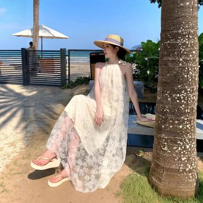 Coffee Break French Apricot Neck Sling Dress for Women's New Models, Suitable for Seaside Photography, Skirt Design Sense