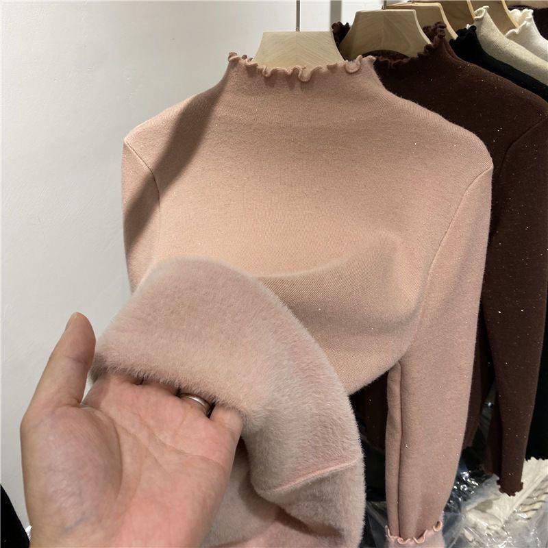 Solid Retro Plus Velvet Padded Knitted Bottoming Shirt Women Autumn Winter New Fashion Long Sleeved Tops Casual Pullover