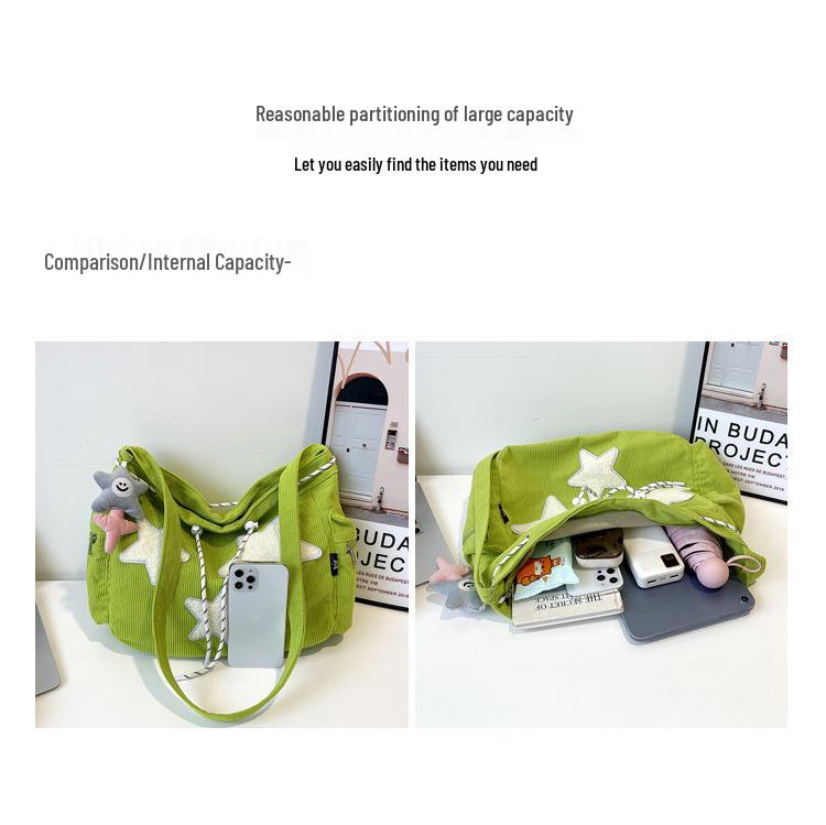 Large Capacity Corduroy Women's Shoulder and Crossbody Tote Bag with Pentagram Design
