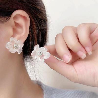 S925 Silver Needle Transparent Acrylic Flower Stud & Clip Earrings for Women – Japanese Korean Style