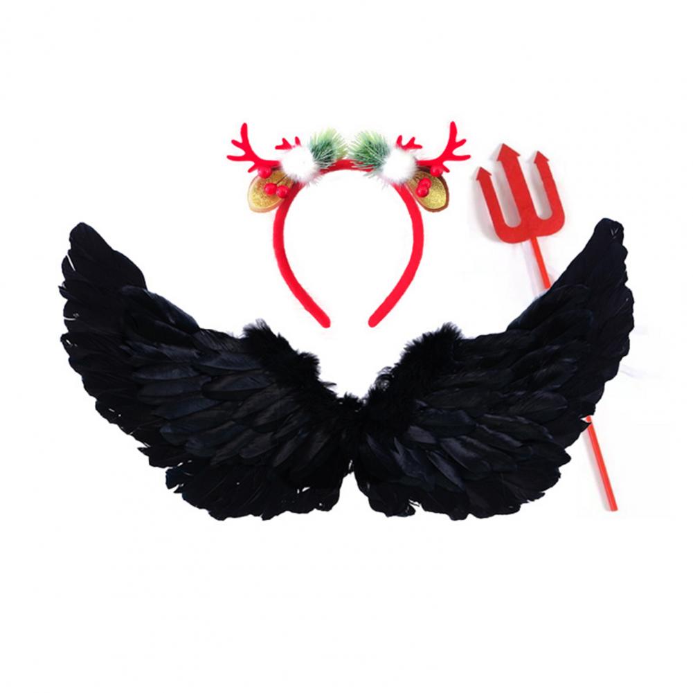 1 Set Cosplay Wings Set Feathered Angel Black Witch Wings Set With Headband Wand Halloween Role-playing Kids Angel Wings Outfit