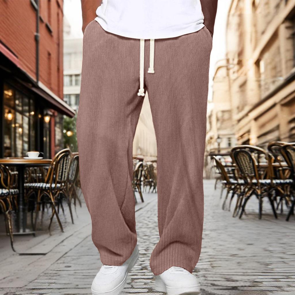 Men’s Drawstring Waist Loose Fit Corduroy Lounge Pants Casual Straight Leg Trousers with Adjustable Waistband