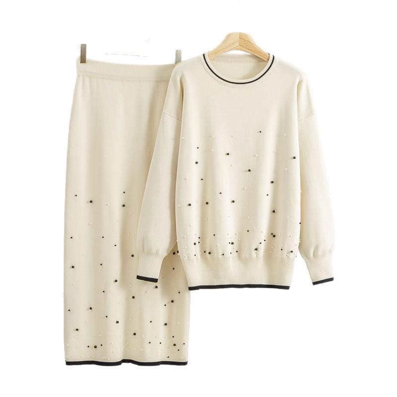 Autumn and Winter Fashion High-waisted Loose Slimming Beaded Knitted Top Half-length Set of Two Pieces