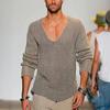 Mens Casual Deep V Neck Long Sleeve Knit Pullover Sweater Solid Color Loose Fit for Autumn Winter