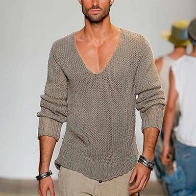 Mens Casual Deep V Neck Long Sleeve Knit Pullover Sweater Solid Color Loose Fit for Autumn Winter