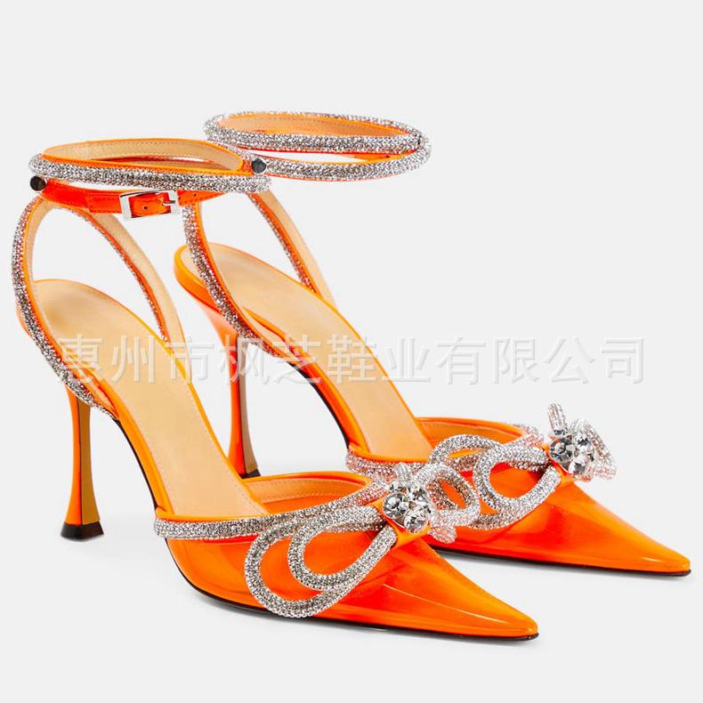 European and American bow rhinestone high-heeled sandals transparent pointed thin heel bag head high-heeled shoes fashionable and versatile customizat