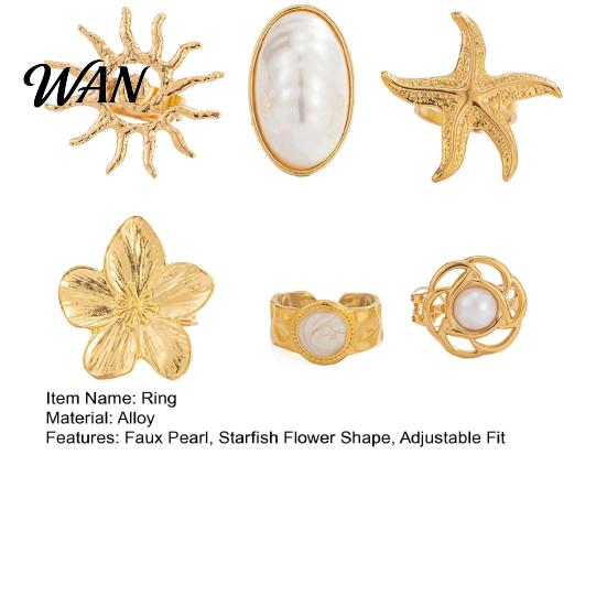 Sunflower Ring 6Pcs/Set Finger Set, Ocean Style Adjustable with Imitation Starfish Pearl And Shell Texture, Bohemian Stackable Rings for Women Hollow