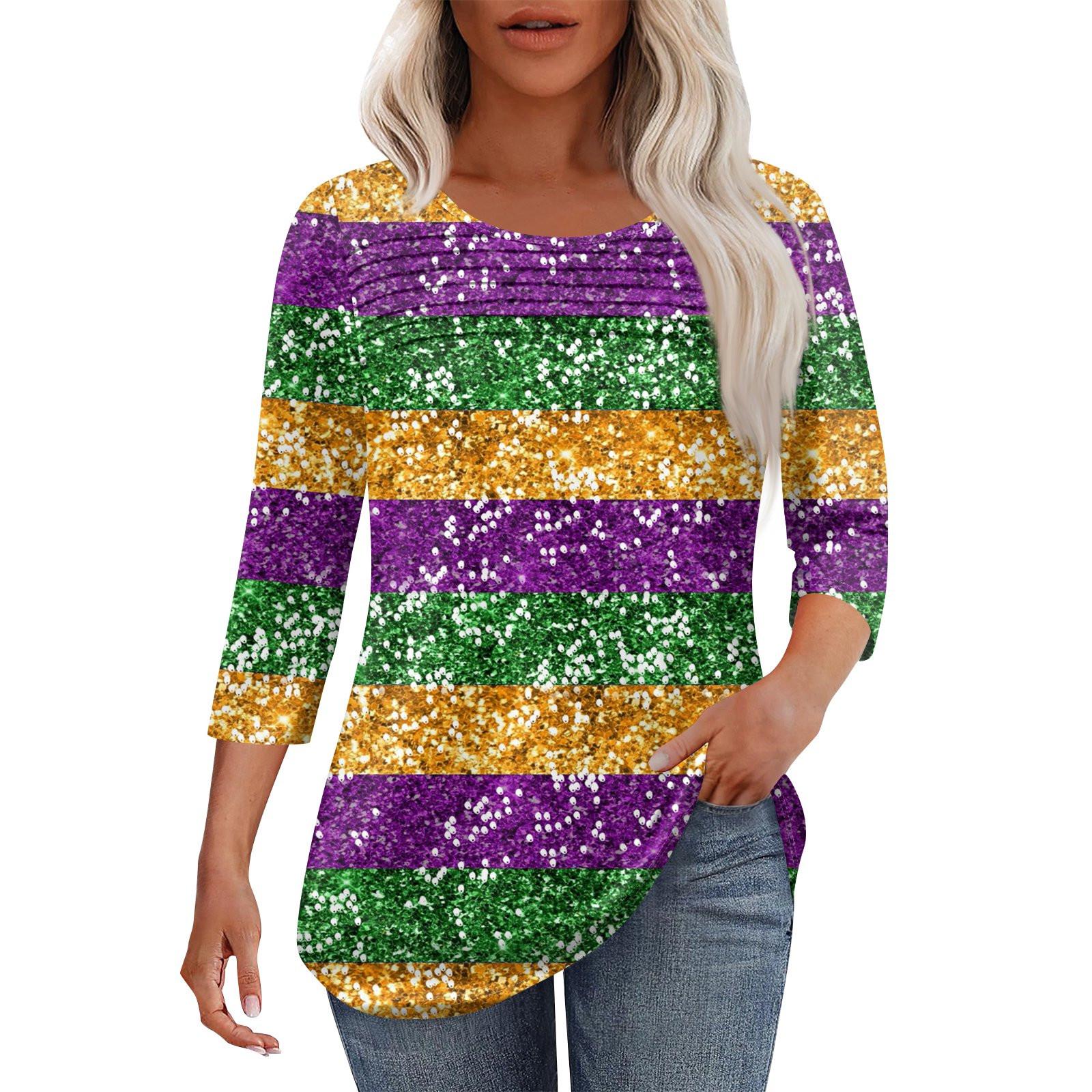 

Женская мода круглый вырез шея плиссированная передняя планка с принтом рукав 3/4 топ XXXL фиолетовый