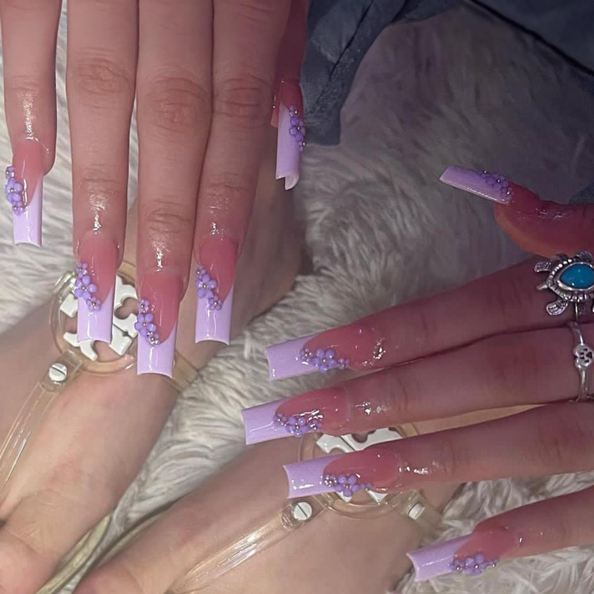

European & American Style Purple Floral French Nail Tips - Extra Long Wearable Press-On Nails
