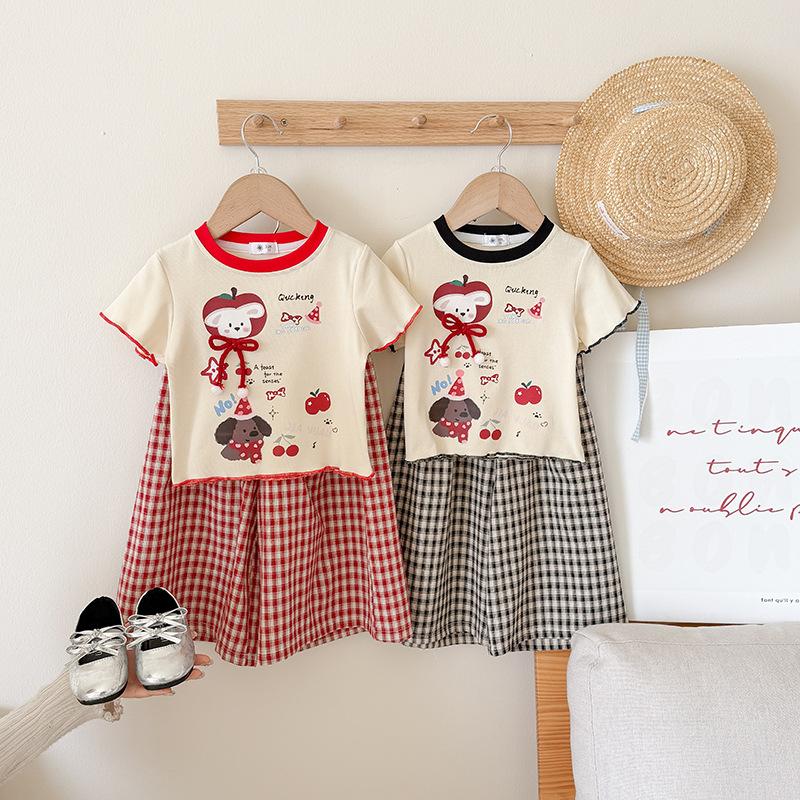 Girls Summer Cotton Short Sleeve T Shirt And Plaid Shorts Set Cute Print Two Piece Casual Outfit For Kids