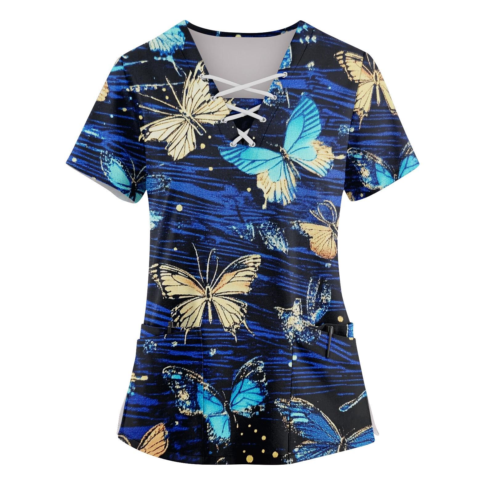 Women s Short-Sleeve Strap V-Neck Floral Print Pocket Top XXXL