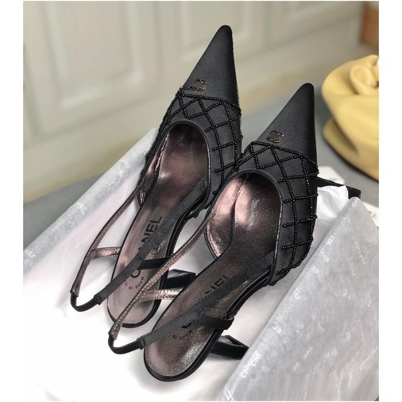 Celebrity beaded rhombus pointed high heels summer new satin bag head stiletto sandals women 35