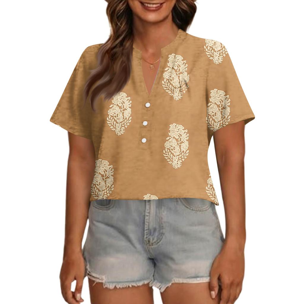 Modisches, lässiges Damen-Top mit V-Ausschnitt, Knopfleiste, Oversize-Schnitt, kurzen Ärmeln und Print