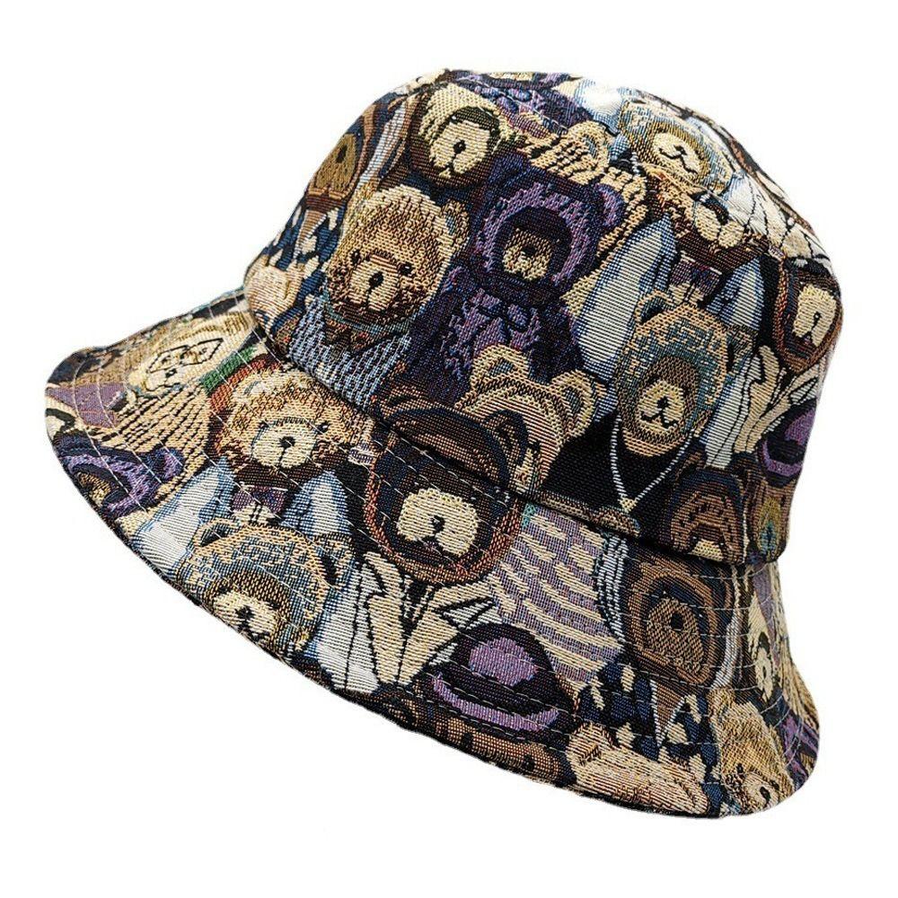 Cartoon Little Bear Fisherman Hat Cotton Hemp Cloth Jacquard Sun Protection Hat Foldable Face Covering Sun Caps Girl