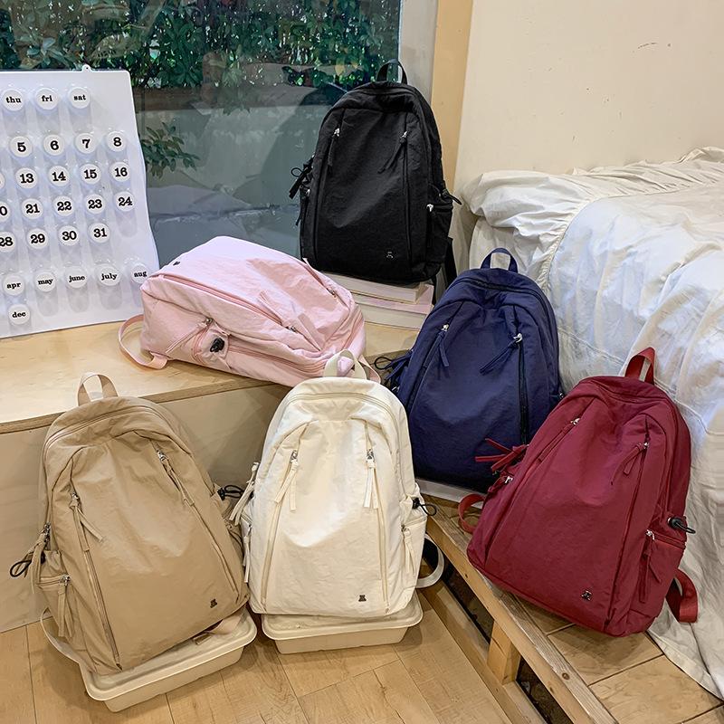 Japanese Style Unisex Backpack Simple Pure Color Travel Large Capacity Nylon Shoulder Bag for Middle and High School Students